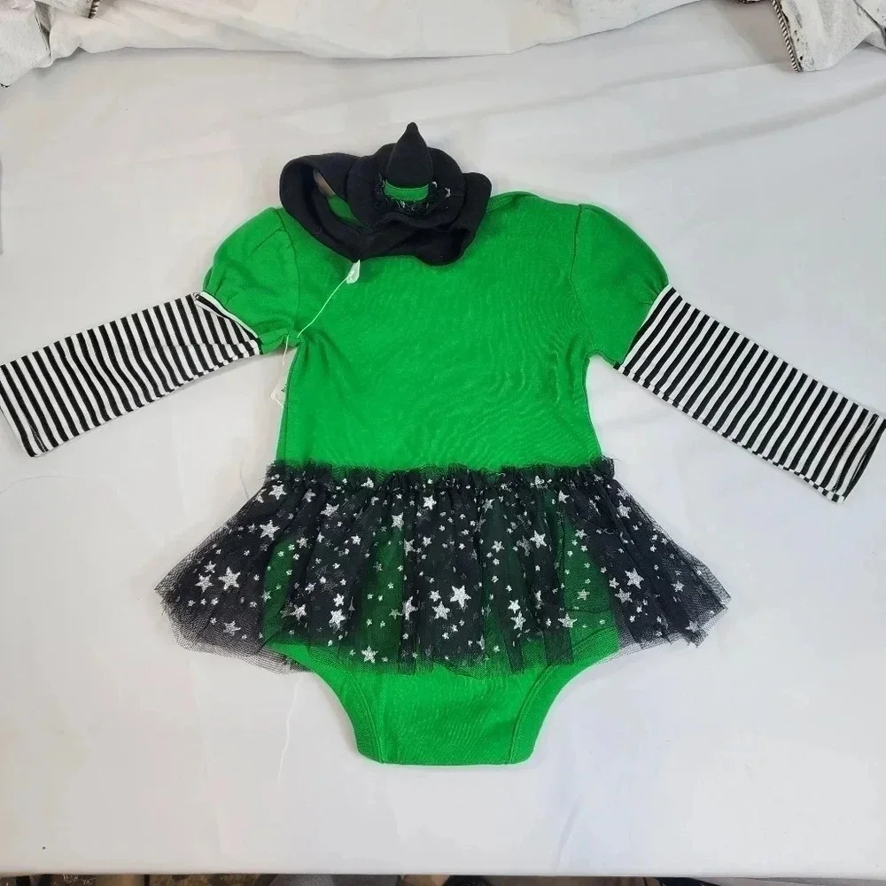 My First Halloween Green and Black Baby Girl Costume with Matching Hat Tutu